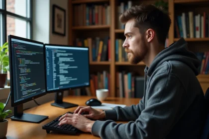 Développeur résolvant une erreur pip dans un terminal Windows sur un poste de travail double écran à domicile