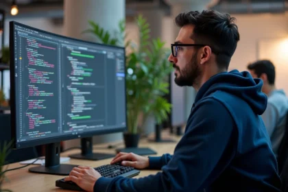 Développeur front-end travaillant sur des layouts CSS Flexbox dans un éditeur de code sur grand écran ultrawide en open space moderne
