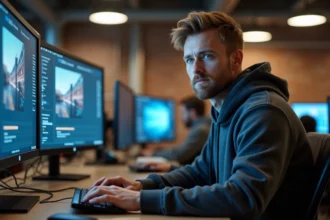 Développeur web masculin en train d'héberger des images sur une plateforme en ligne depuis un bureau moderne en open space