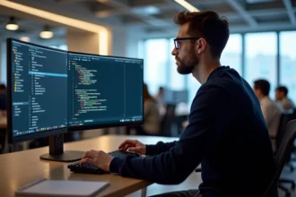 Développeur web travaillant sur l'intégration d'un composant popup dans un framework React, dans un bureau moderne avec grand écran ultrawide