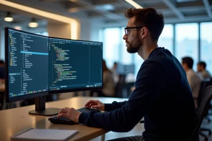 Développeur web travaillant sur l'intégration d'un composant popup dans un framework React, dans un bureau moderne avec grand écran ultrawide