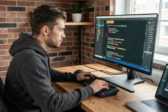 Développeur masculin concentré utilisant un terminal avec les commandes pushd et popd dans un bureau à domicile moderne