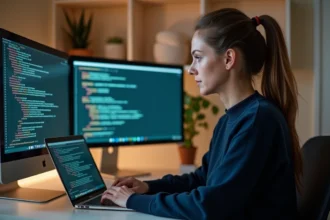 Développeuse installant Python avec pip dans un environnement Anaconda sur un MacBook Pro dans un bureau moderne