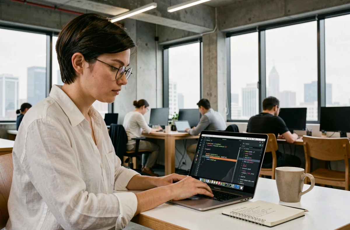 Développeuse utilisant un terminal avec gestion de pile de répertoires pushd et popd dans un espace de coworking