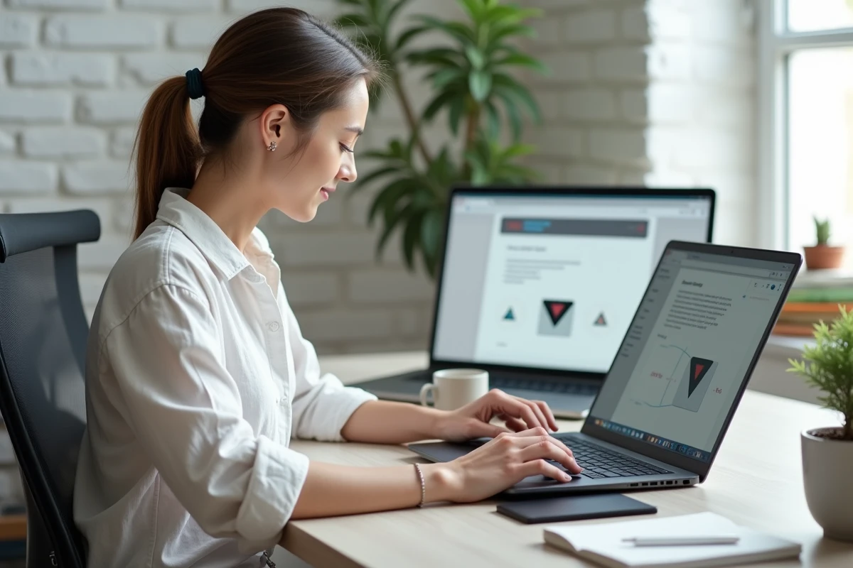 Développeuse intégrant un composant popup Vue.js dans son bureau à domicile minimaliste, laptop ouvert avec prévisualisation d'un modal dans le navigateur