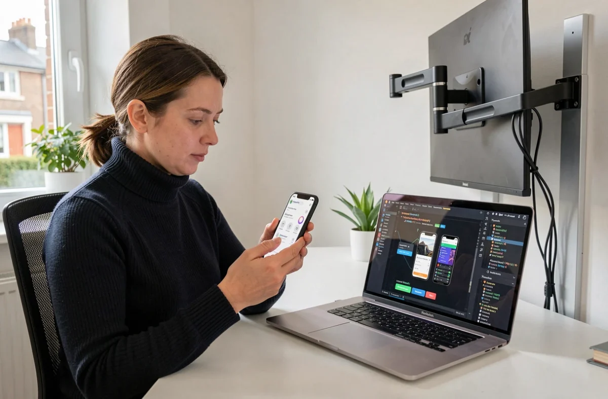 Développeuse d'applications mobiles examinant une interface applicative sur smartphone dans un bureau moderne