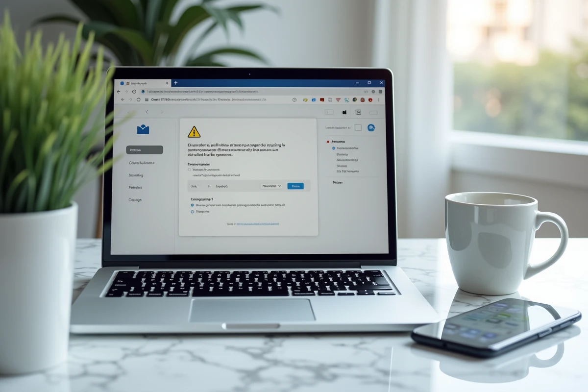 Écran d'ordinateur portable affichant un message d'erreur de connexion au compte email en français