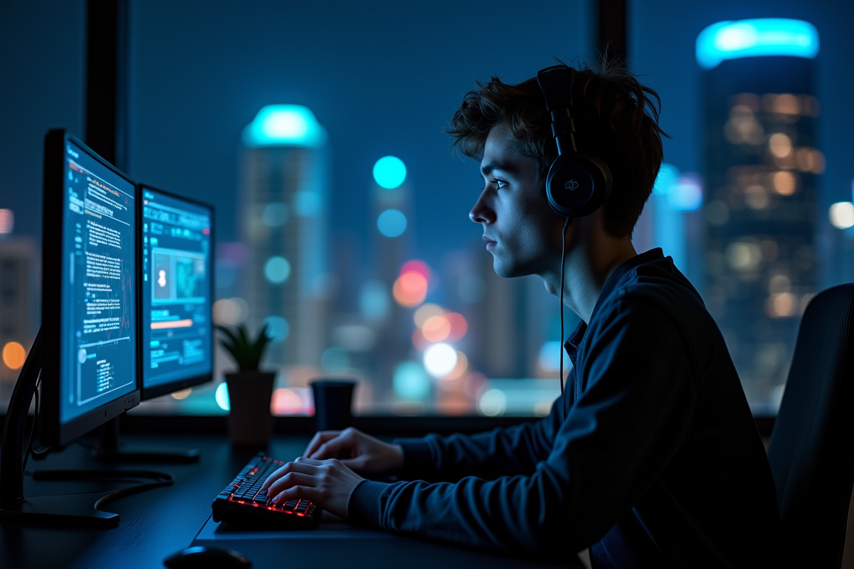 Etudiant travaillant la nuit sur un ordinateur de cybersécurité