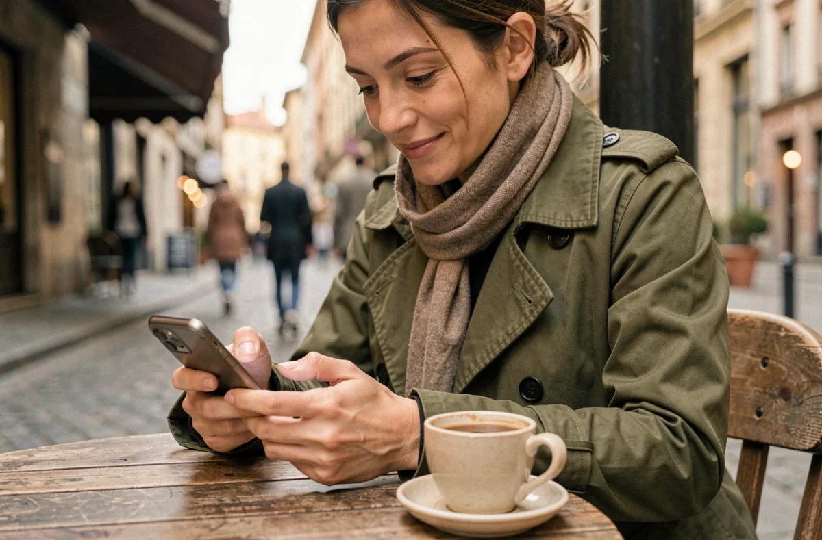 Femme en terrasse de café enregistrant une story Instagram sur son téléphone en ville