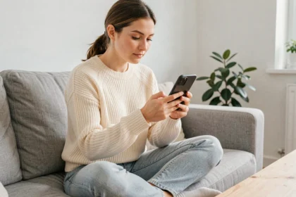 Jeune femme enregistrant une story Instagram sur son smartphone depuis son canapé à la maison