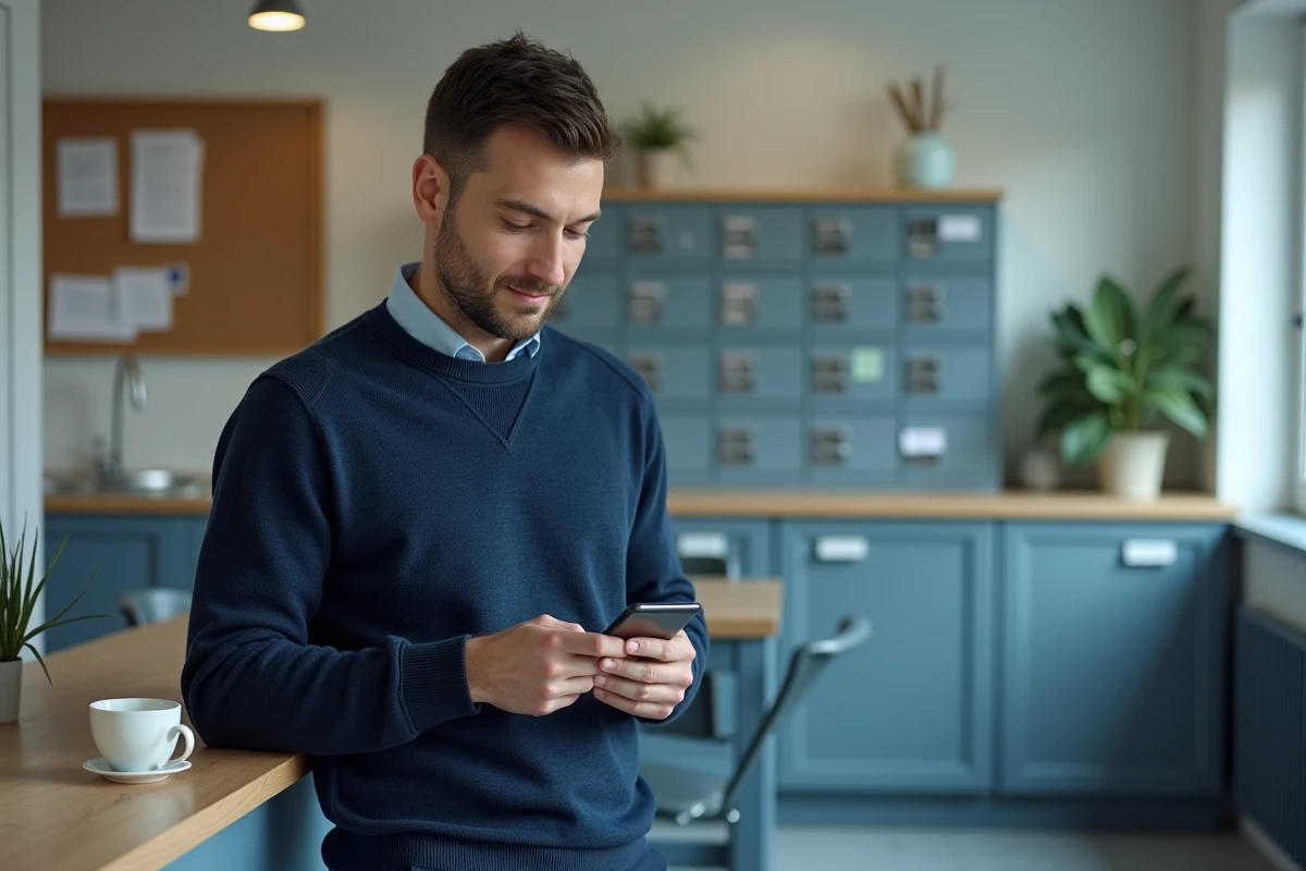 Enseignant consultant sa messagerie académique DSDEN 64 sur smartphone en salle des professeurs