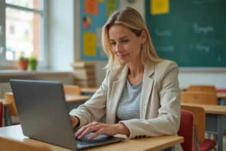 Enseignante utilisant la messagerie DSDEN 64 sur son ordinateur portable en salle de classe