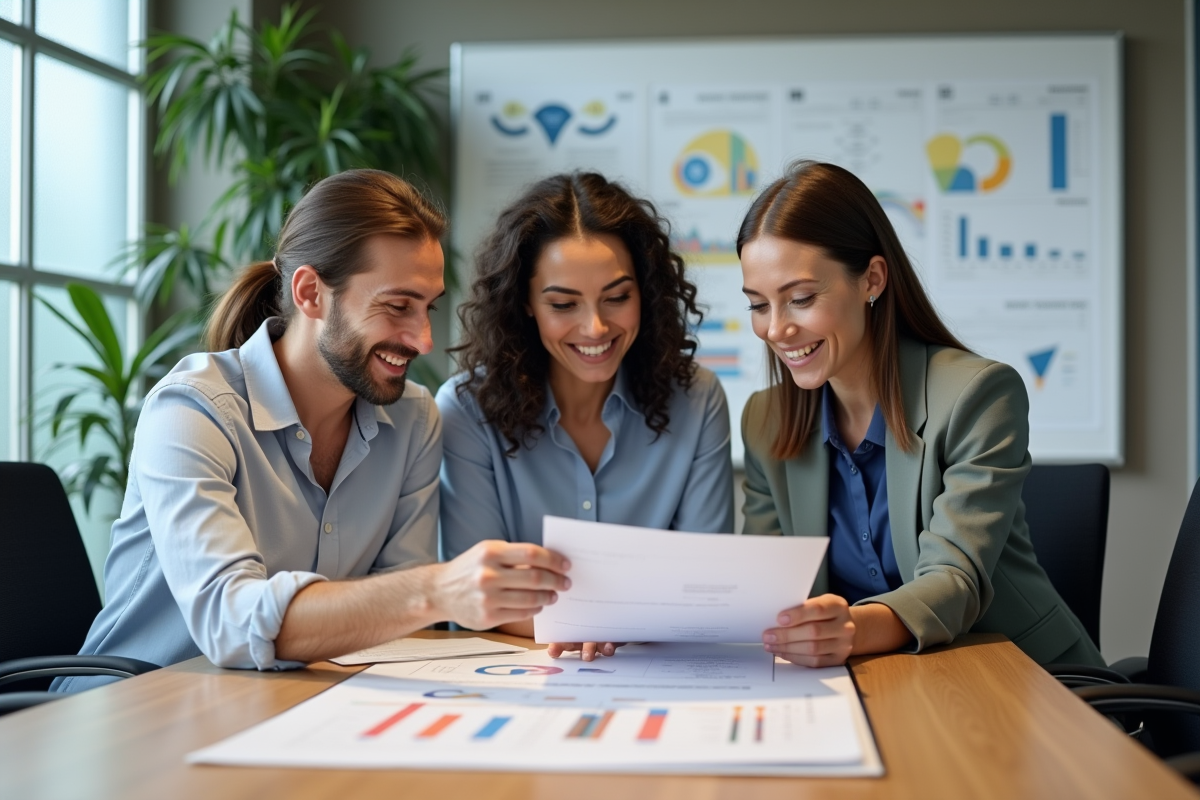 Trois professionnels discutent autour d un rapport dans une salle de réunion