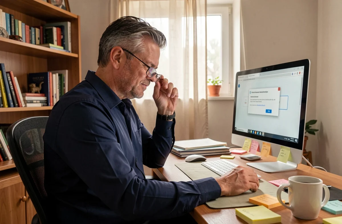 Homme d'âge mûr troublé par une erreur d'authentification webmail sur son ordinateur de bureau à domicile