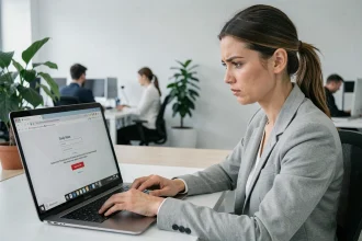 Femme en blazer gris face à un écran d'ordinateur affichant une erreur de connexion webmail au bureau