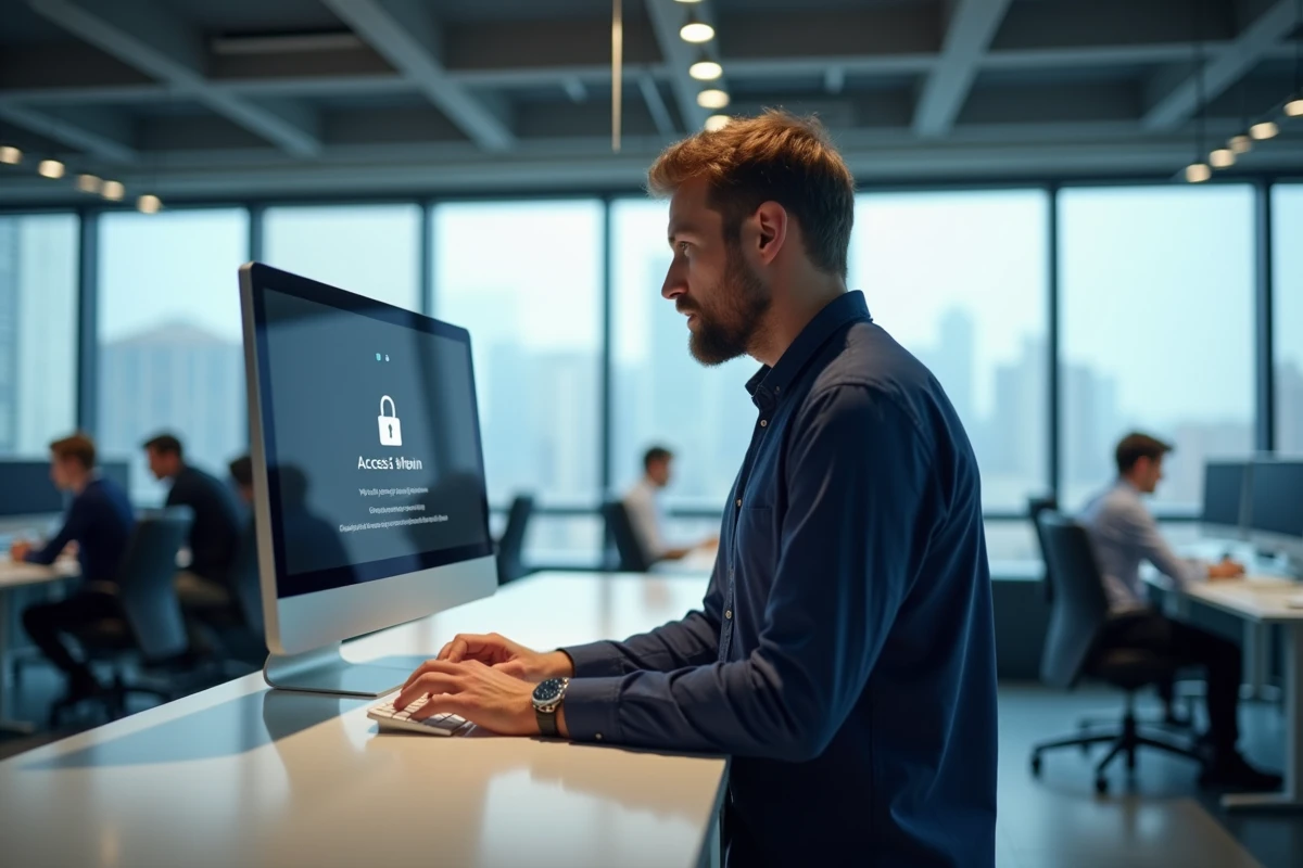 Homme consultant un écran d'ordinateur avec une interface de connexion webmail dans un bureau professionnel moderne