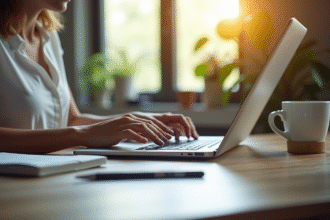 Espace de travail moderne avec un ordinateur portable lumineux