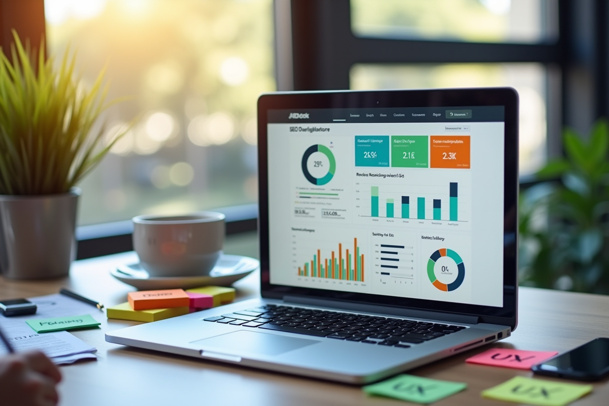 Espace de travail moderne avec tableau de bord SEO et notes colorées