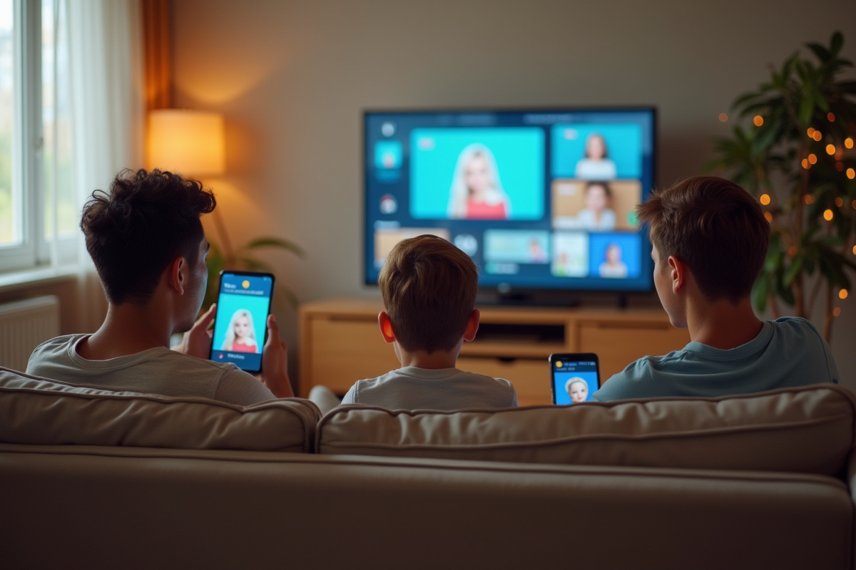 Famille regardant la télévision avec des publicités intrusives affichées
