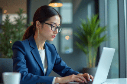 Femme d'affaires analysant un tableau digital sur son ordinateur