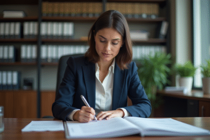 Femme d'affaires en blazer navy lisant des documents juridiques