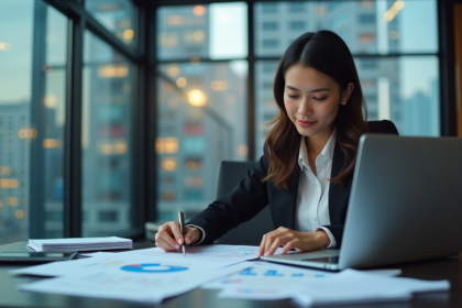 Femme professionnelle analysant des rapports SEO sur un ordinateur