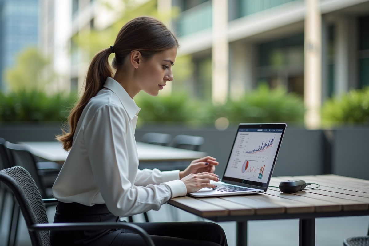 Jeune femme analyste travaillant sur un ordinateur en extérieur