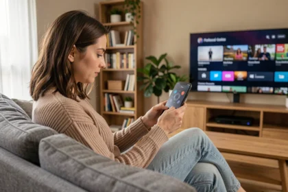 Femme utilisant l'application Free Télécommande sur smartphone pour contrôler sa télévision depuis son canapé