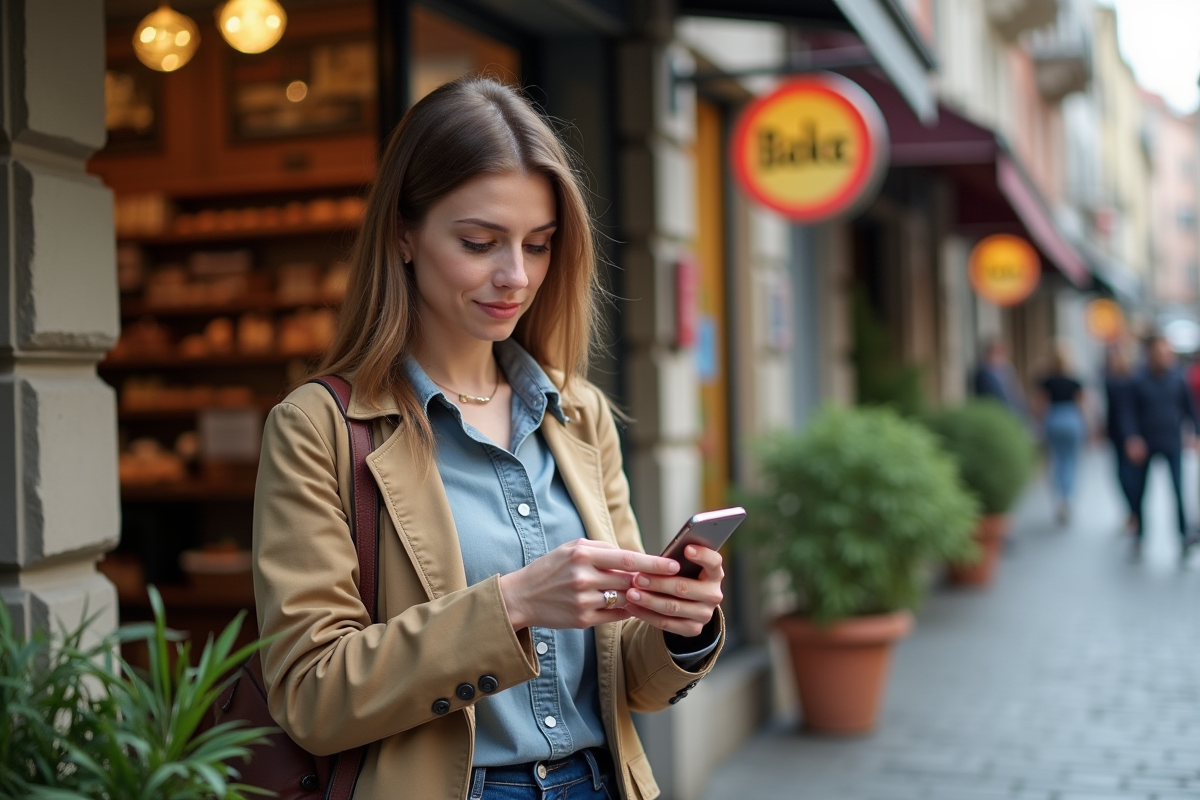 Femme utilisant son smartphone devant une boulangerie locale