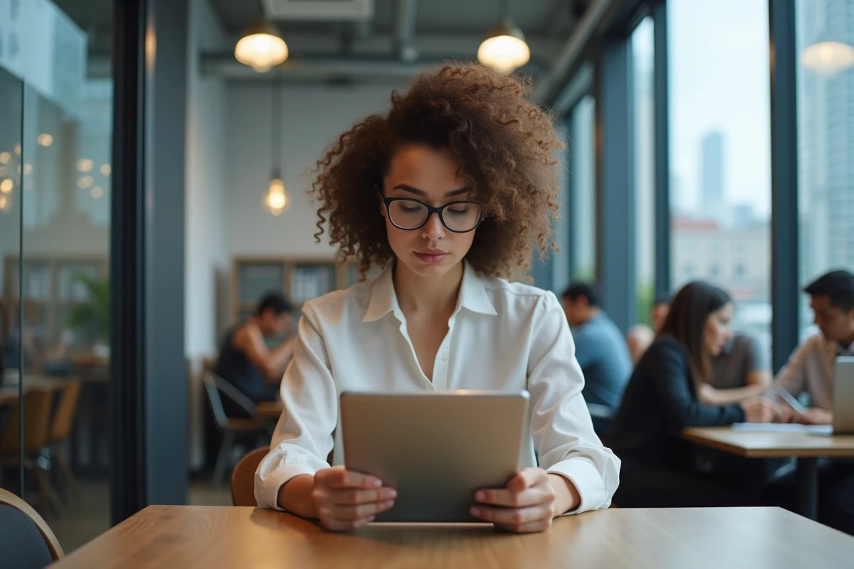 Femme en blouse utilisant une tablette dans un espace coworking
