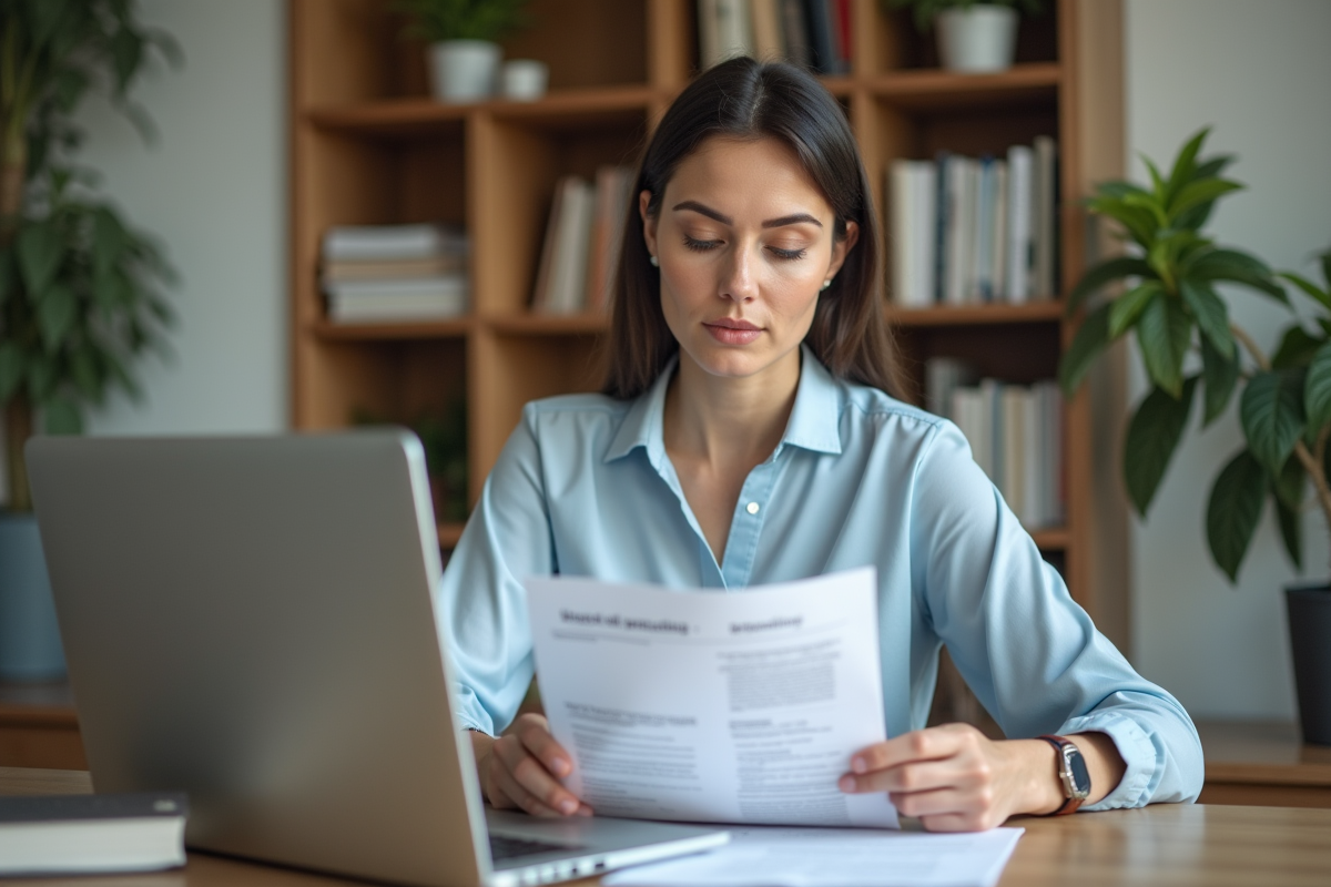 Femme en blouse bleue dans un bureau moderne