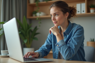 Femme au bureau regardant son ordinateur portable