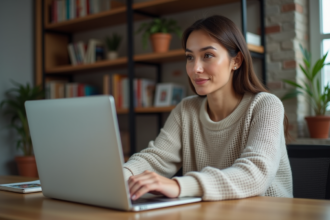 Femme au bureau lisant des annonces en ligne