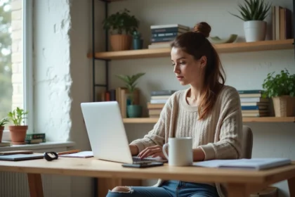 Jeune femme au bureau organisant des fichiers sur son ordinateur