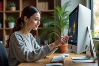 Femme assise à un bureau moderne en home office