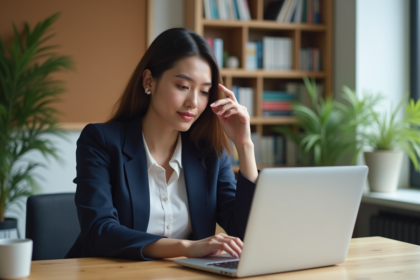 Jeune femme au bureau cherchant l'orthographe email