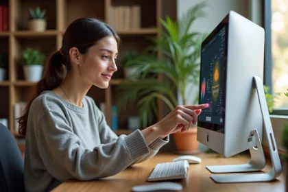 Femme assise à un bureau moderne en home office