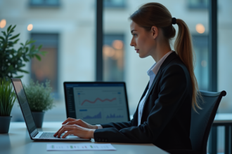 Femme professionnelle au bureau regardant son ordinateur