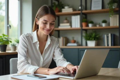 Femme au bureau moderne travaillant sur un ordinateur portable