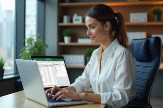 Femme au bureau travaillant sur un ordinateur avec Excel
