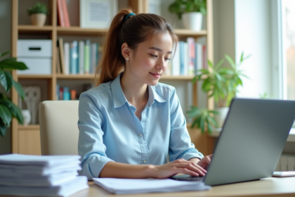 Jeune femme au bureau avec ordinateur et outils PDF