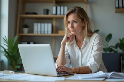 Femme d affaires au bureau avec portail Mel AC Normandie