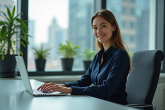 Femme d affaires concentrée travaillant sur son ordinateur dans un bureau moderne