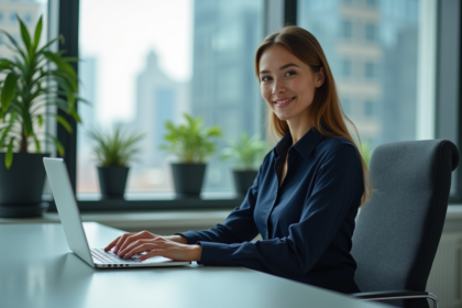 Femme d affaires concentrée travaillant sur son ordinateur dans un bureau moderne