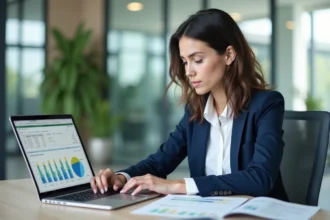 Femme analysant des pourcentages sur Excel dans un bureau moderne avec des graphiques de progression visibles à l'écran