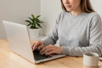 Femme tapant sur le clavier d'un MacBook Air posé sur un bureau en bois clair dans un bureau à domicile minimaliste