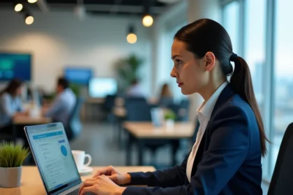 Femme comparant les résultats de recherche Google USA et Google France sur un ordinateur portable au bureau