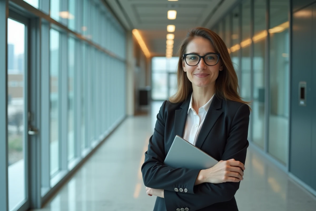 Femme souriante tenant un ordinateur portable dans un couloir moderne
