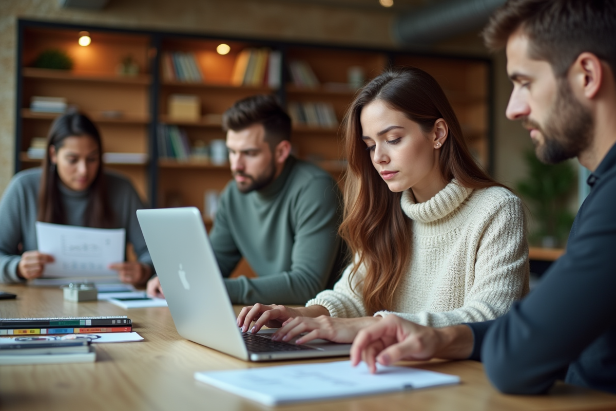 Jeune femme au coworking analysant des feuilles et son ordinateur