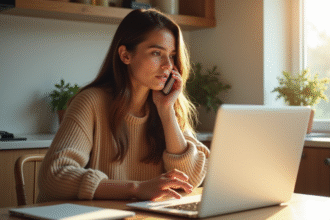 Jeune femme au petit déjeuner avec smartphone et ordinateur
